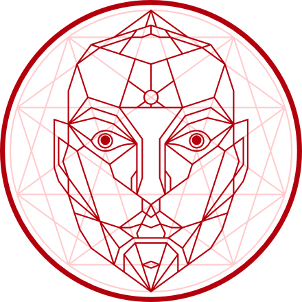 Projekt graficzny geometrycznej czerwonej twarzy na siatce pentagramu według złotych proporcji.