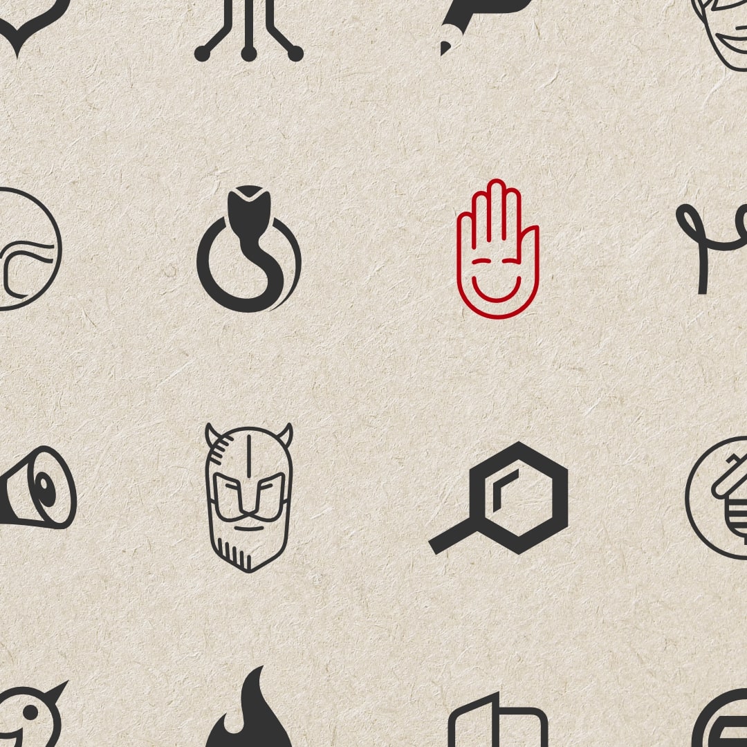 Zestaw kilkunastu czarno-białych projektów graficznych logo dla firm.