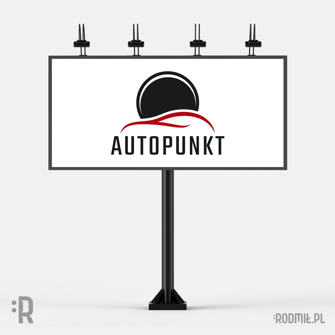 Projekt graficzny logo firmy Autopunkt. Zarys czerwonego auta na tle czarnego koła na billboardzie.