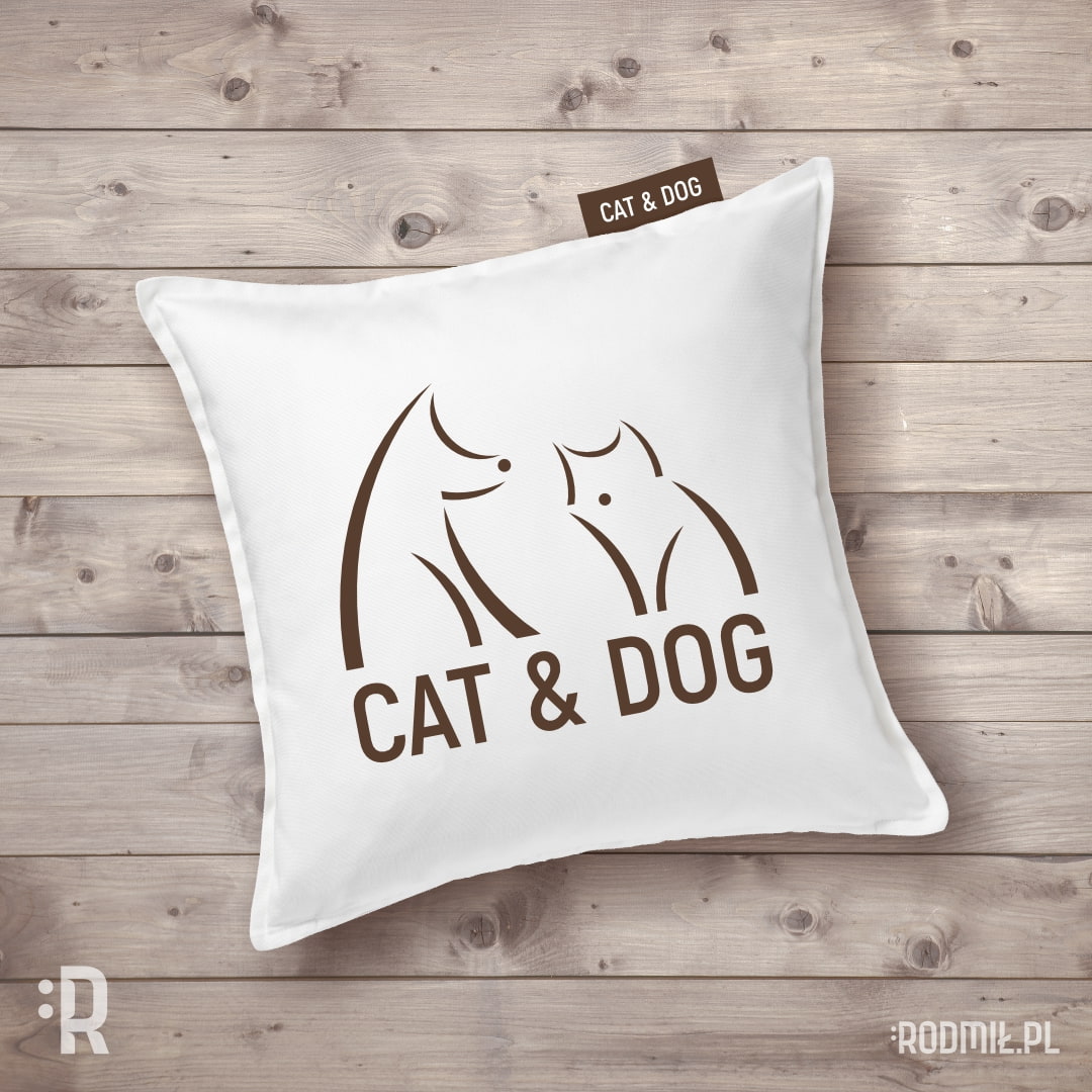 Projekt graficzny logo firmy Cat&Dog. Minimalistyczny brązowy pies i kot na białej poduszce.
