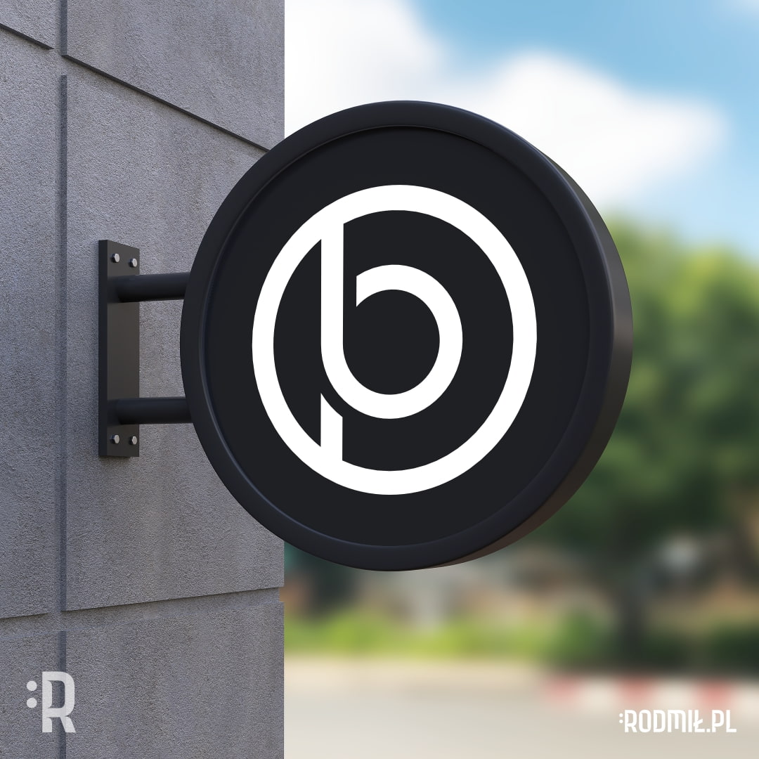 Projekt graficzny logo firmy FUHBP. Biały okrągły monogram splecionych liter p i b na czarnym kasetonie.