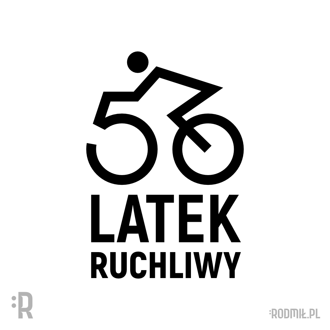 Projekt graficzny nadruku na koszulkę na 50 urodziny z postacią konturowego czarno-białego rowerzysty. 5 i 0 to koła roweru a pod nimi napis 50-LATEK RUCHLIWY.