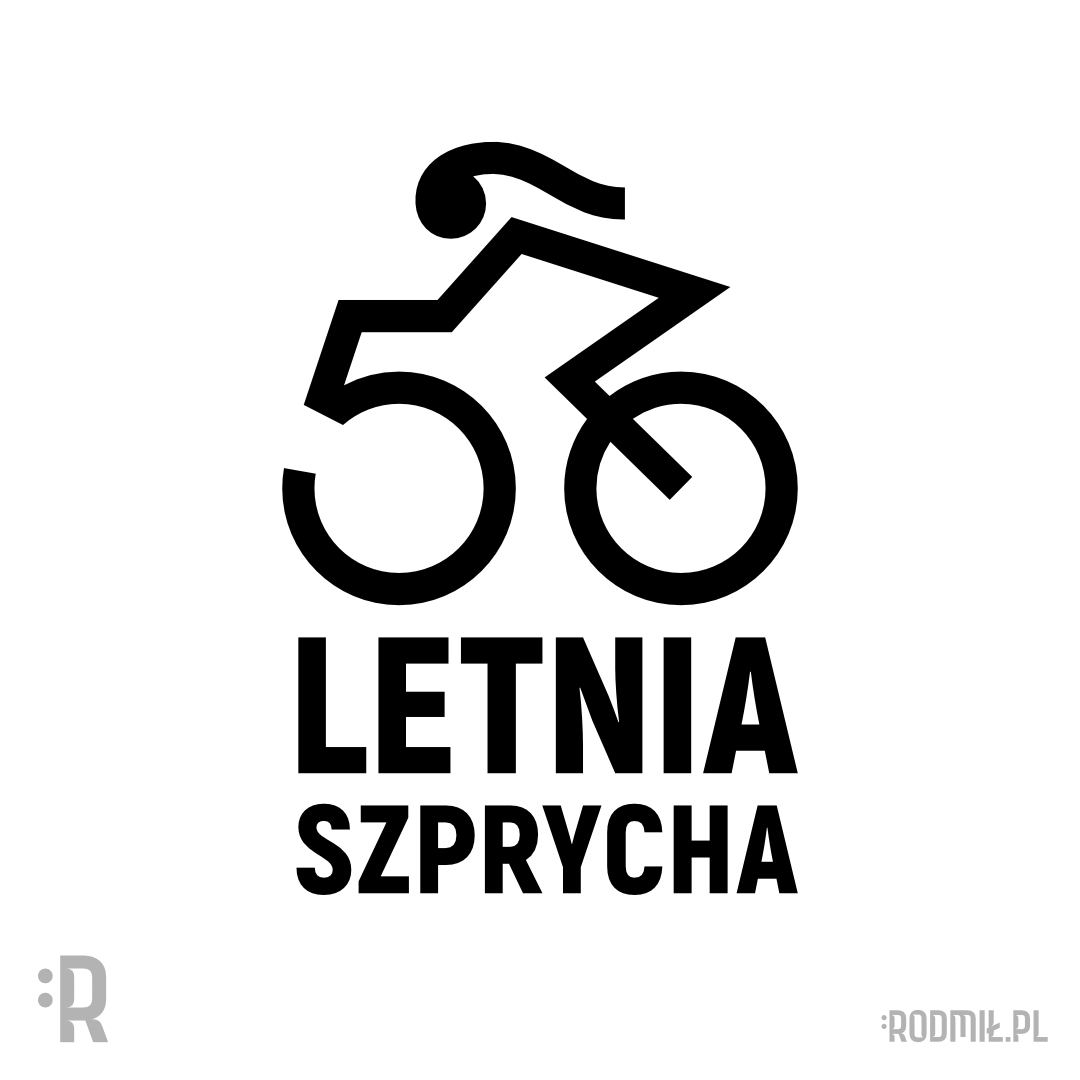 Projekt graficzny nadruku na koszulkę na 50 urodziny z postacią konturowej czarno-białej rowerzystki. 5 i 0 to koła roweru a pod nimi napis 50-LETNIA SZPRYCHA.