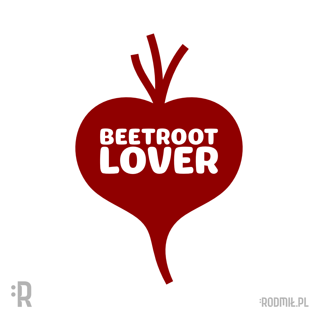 Projekt graficzny nadruku na koszulkę z czerwonym burakiem w kształcie serca i napisem BEETROOT LOVER.