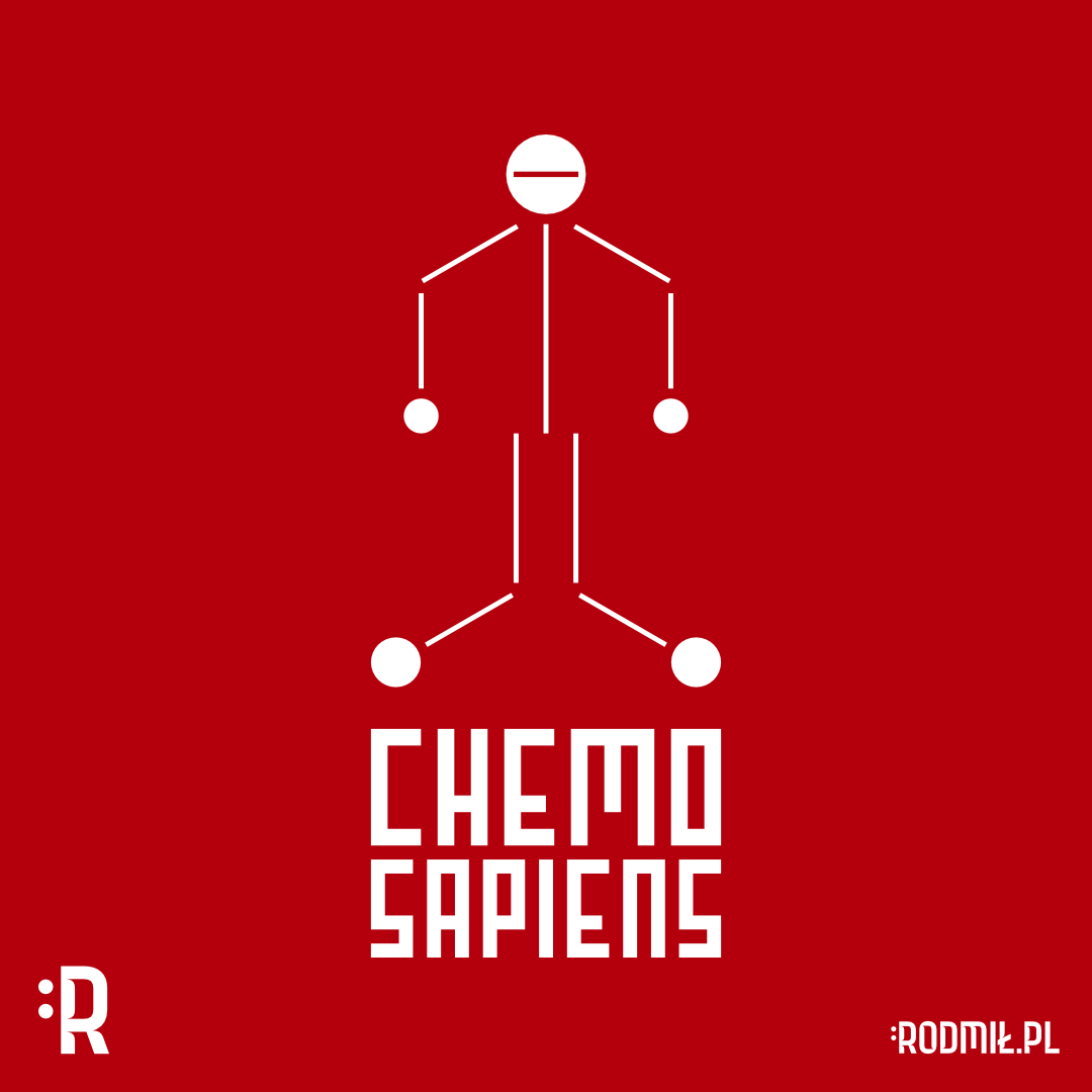 Projekt graficzny nadruku na koszulkę z konturową postacią schorowanego człowieka ułożoną z białych tabletek na czerwonym tle w kształcie wzoru chemicznego z napisem CHEMO SAPIENS.