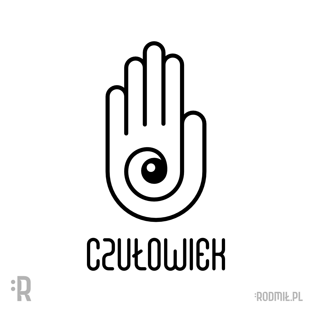 Projekt graficzny nadruku na koszulkę z konturową czarno-białą otwartą dłonią i okiem wewnątrz w formie znaku Ahimsa i napisem CZUŁOWIEK