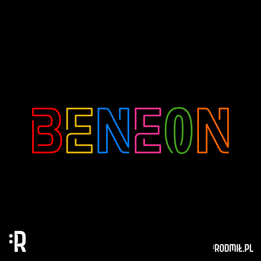 Projekt graficzny imiennego nadruku na koszulkę dla Benona z kolorowym neonowym świecącym napisem na czarnym tle BENEON.