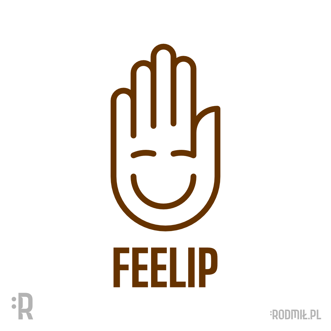 Projekt graficzny imiennego nadruku na koszulkę dla Filipa z konturową uśmiechniętą twarzą w formie otwartej wnętrzem dłoni znaku Ahimsa z napisem FEELIP.