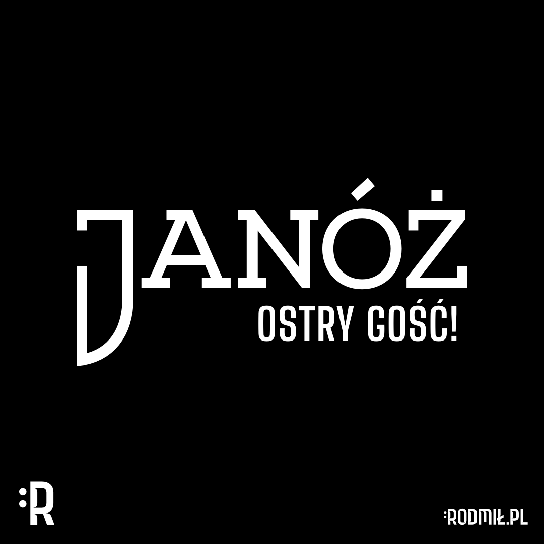 Projekt graficzny imiennego nadruku na koszulkę dla Janusza z białym napisem na czarnym tle JANÓŻ OSTRY GOŚĆ ze stylizowanym J w formie ostrza noża.