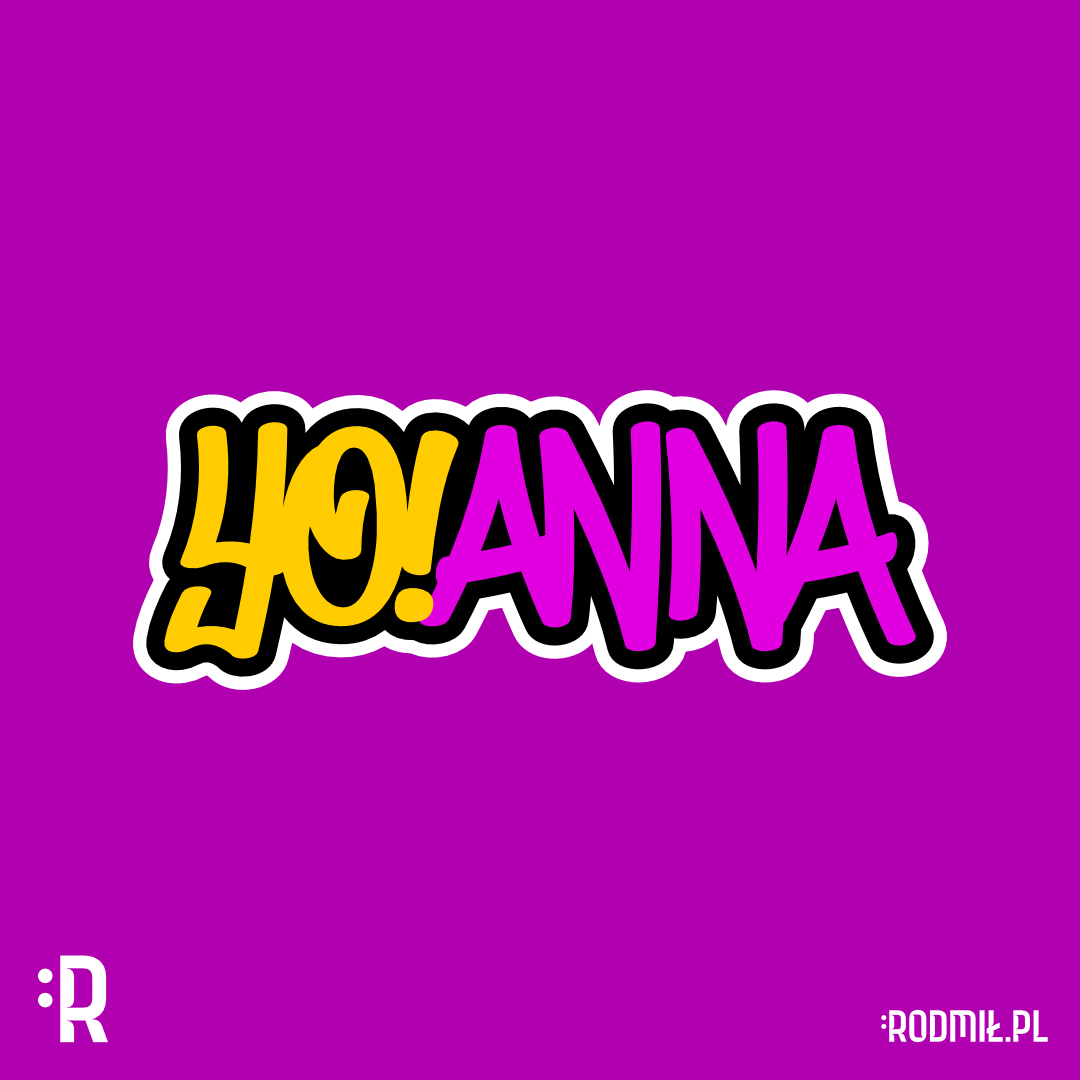 Projekt graficzny imiennego nadruku na koszulkę dla Joanny z żółto-fioletowym napisem YO!ANNA stylizowanym na oldschoolowe hip-hopowe graffiti.