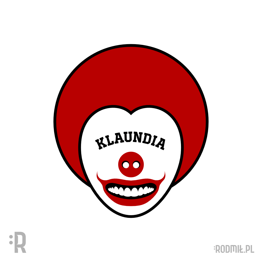 Projekt graficzny imiennego nadruku na koszulkę dla Klaudii z przerażającą twarzą uśmiechniętego klowna z napisem zamiast oczu KLAUNDIA.