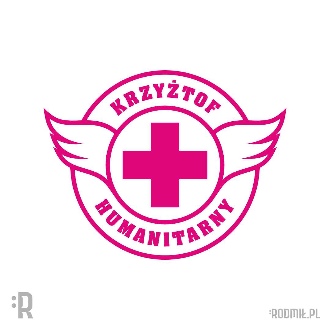 Projekt graficzny imiennego nadruku na koszulkę dla Krzysztofa z różowym krzyżem medycznym ze skrzydłami i napisem KRZYŻTOF HUMANITARNY.