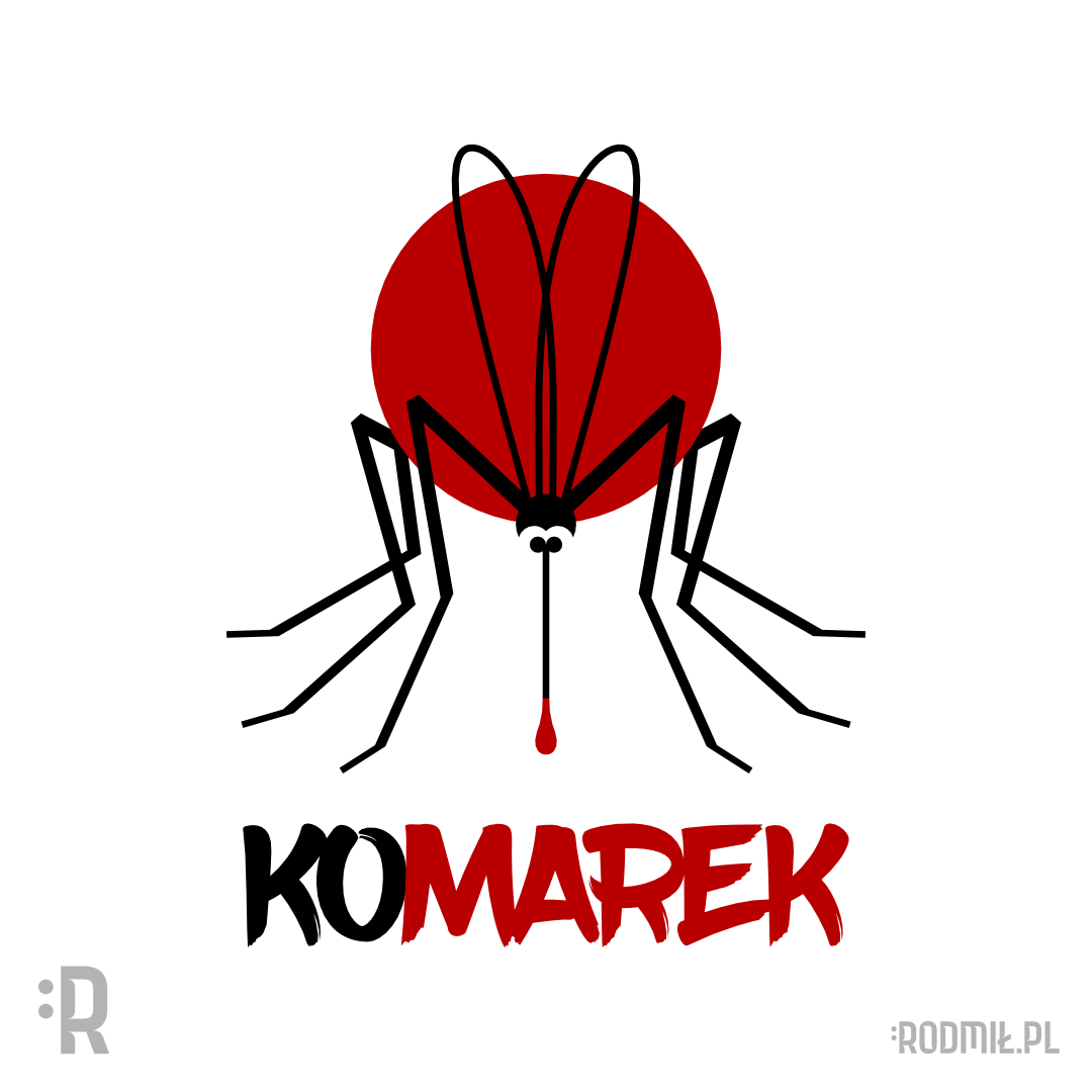 Projekt graficzny imiennego nadruku na koszulkę dla Marka z opitym i ociekającym krwią czarnym komarem i napisem KOMAREK.