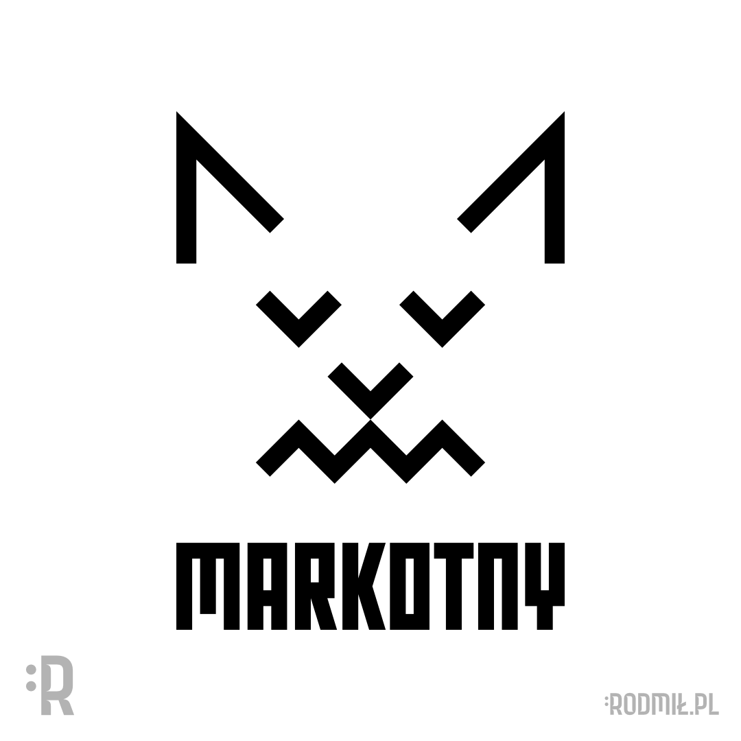 Projekt graficzny imiennego nadruku na koszulkę dla Marka z konturowym czarno-białym pyszczkiem apatycznego kota i napisem MARKOTNY.