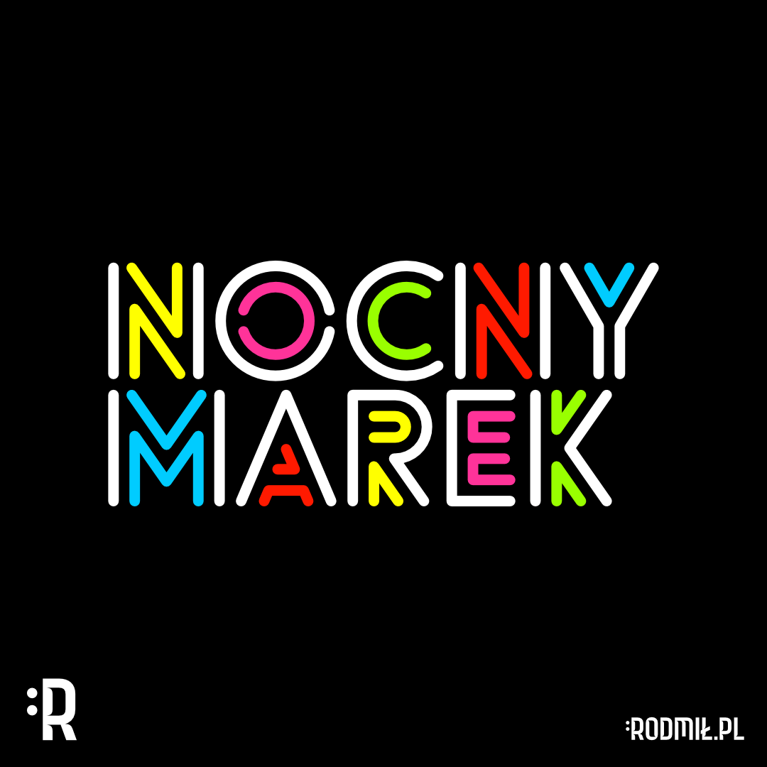 Projekt graficzny imiennego nadruku na koszulkę dla Marka z kolorowym neonowym świecącym napisem na czarnym tle NOCNY MAREK.