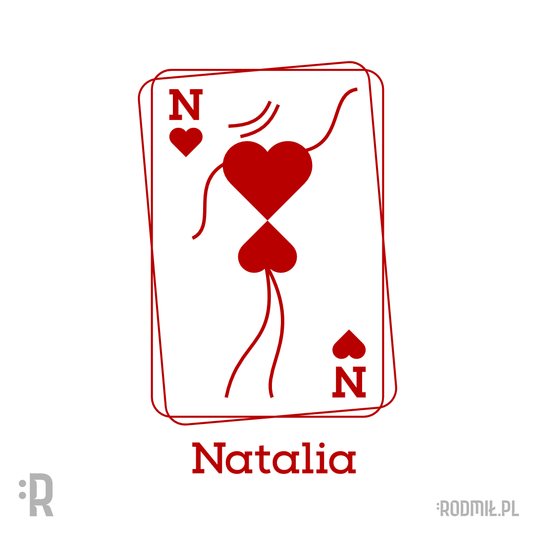 Projekt graficzny imiennego nadruku na koszulkę dla Natalii ze stylizowaną konturową postacią kobiety w czerwonej sukience z kierów na karcie do gry z napisem NATALIA DAMA KIER.