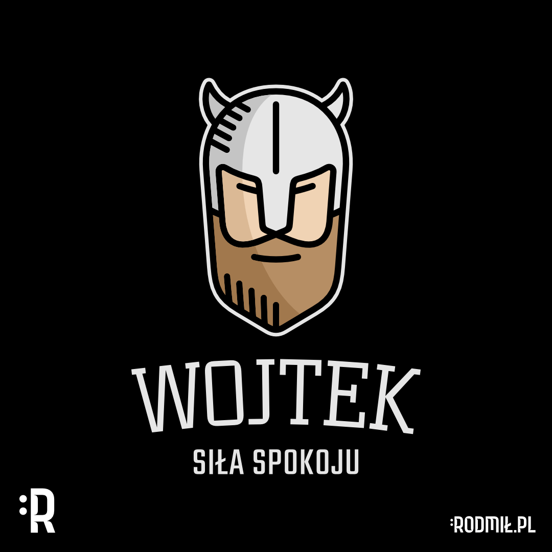 Projekt graficzny imiennego nadruku na koszulkę dla Wojtka z głową medytującego woja w hełmie do walki z napisem WOJTEK SIŁA SPOKOJU.