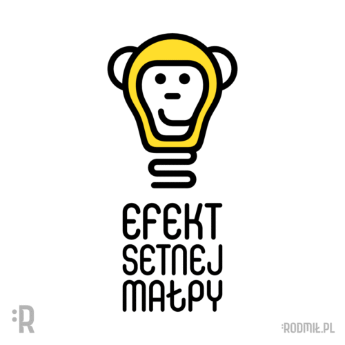 Społeczny projekt graficzny nadruku na koszulkę z czarno-białą konturową twarzą uśmiechniętej małpy w formie żółtej żarówki z napisem EFEKT SETNEJ MAŁPY.
