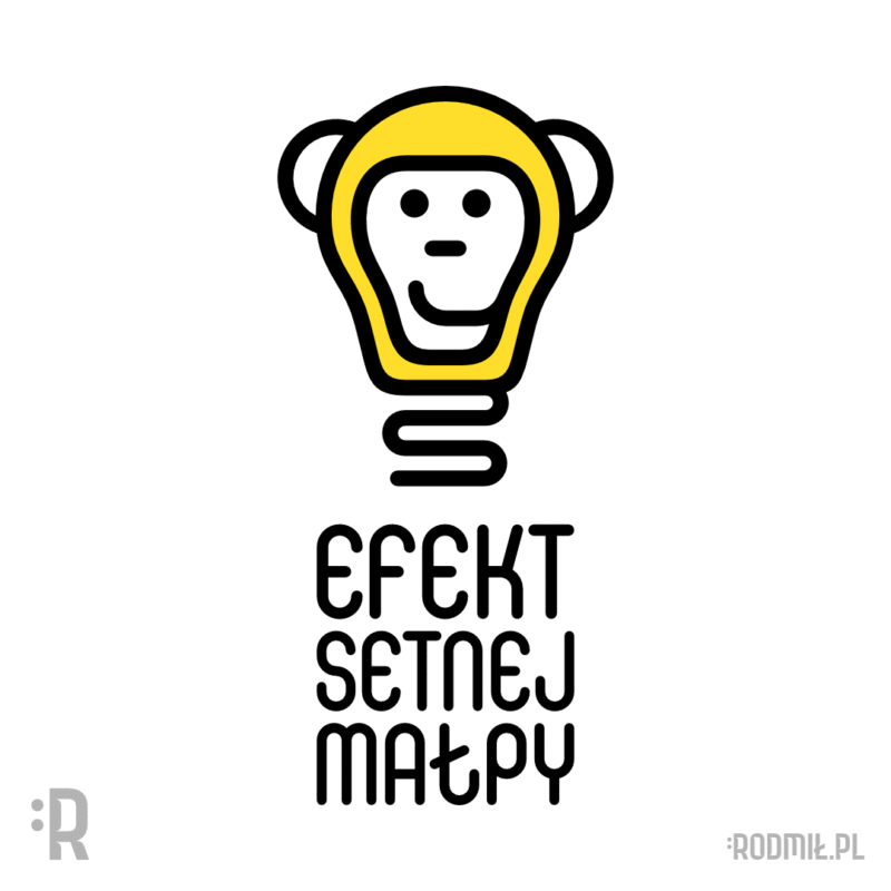 Społeczny projekt graficzny nadruku na koszulkę z czarno-białą konturową twarzą uśmiechniętej małpy w formie żółtej żarówki z napisem EFEKT SETNEJ MAŁPY. Społeczny projekt graficzny nadruku na koszulkę z czarno-białą konturową twarzą uśmiechniętej małpy w formie żółtej żarówki z napisem EFEKT SETNEJ MAŁPY.