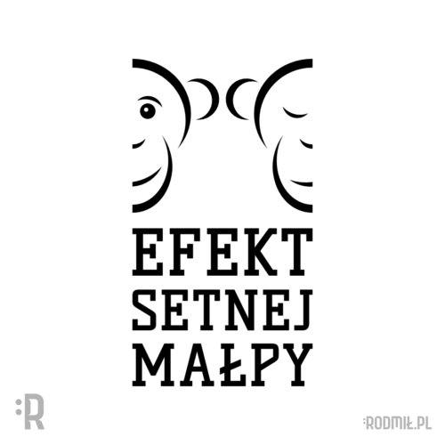 Społeczny projekt graficzny nadruku na koszulkę z dwoma czarno-białymi konturowymi twarzami małp (jedna śpiąca druga patrząca) z napisem EFEKT SETNEJ MAŁPY.