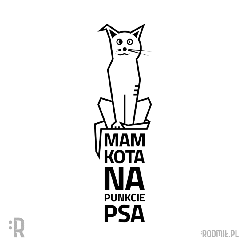 Projekt graficzny nadruku na koszulkę z konturową postacią czarno-białego siedzącego pół psa, pół kota z napisem MAM KOTA NA PUNKCIE PSA. Projekt graficzny nadruku na koszulkę z konturową postacią czarno-białego siedzącego pół psa, pół kota z napisem MAM KOTA NA PUNKCIE PSA.