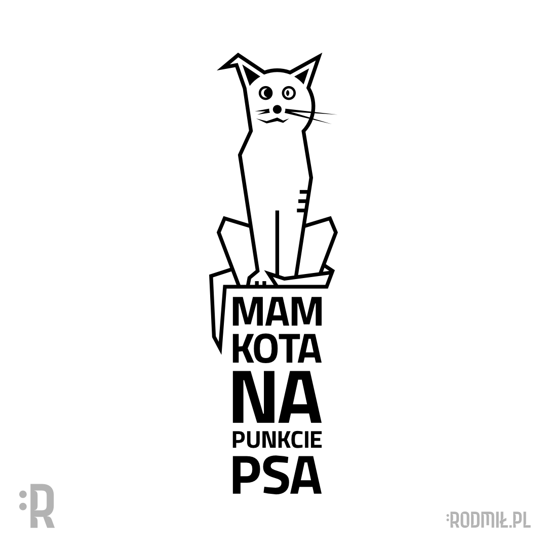 Projekt graficzny nadruku na koszulkę z konturową postacią czarno-białego siedzącego pół psa pół kota z napisem MAM KOTA NA PUNKCIE PSA.