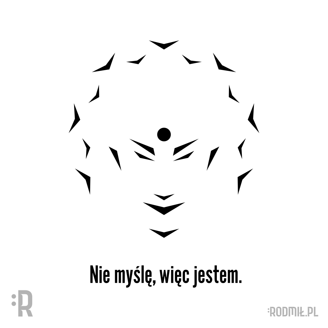 Projekt graficzny nadruku na koszulkę z minimalistyczną twarzą medytującego i odlatującymi z niej myślami w formie ptaków z napisem NIE MYŚLĘ, WIĘC JESTEM.