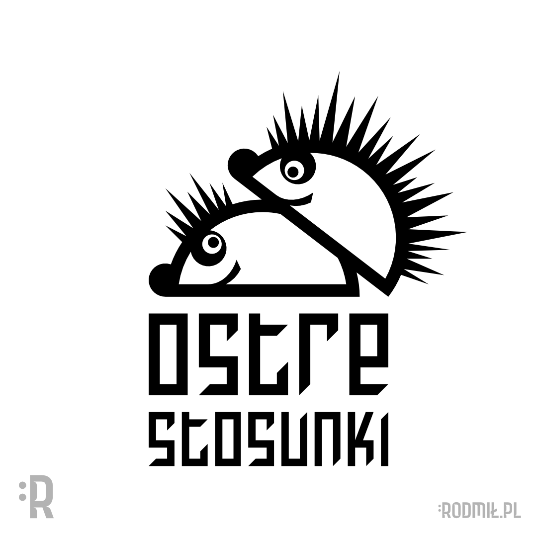 Projekt graficzny nadruku na koszulkę z dwoma konturowymi czarno-białymi jeżami uprawiającymi sex od tyłu z napisem OSTRE STOSUNKI.