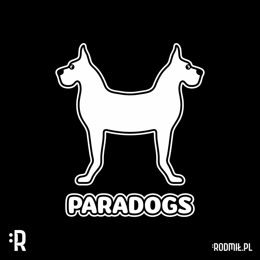 Projekt graficzny nadruku na koszulkę z dwoma zdziwionymi białymi złączonymi tułowiem psami dogami i napisem PARADOGS.