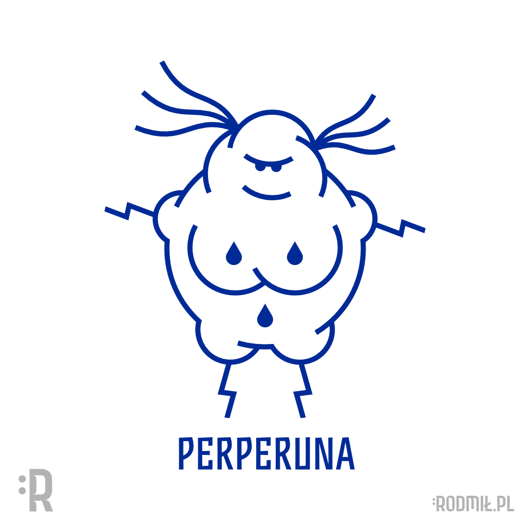 Projekt graficzny nadruku na koszulkę z postacią słowiańskiej bogini Perperuny w kształcie niebiesko-białej konturowej chmury z piorunami i deszczem z napisem PERPERUNA.