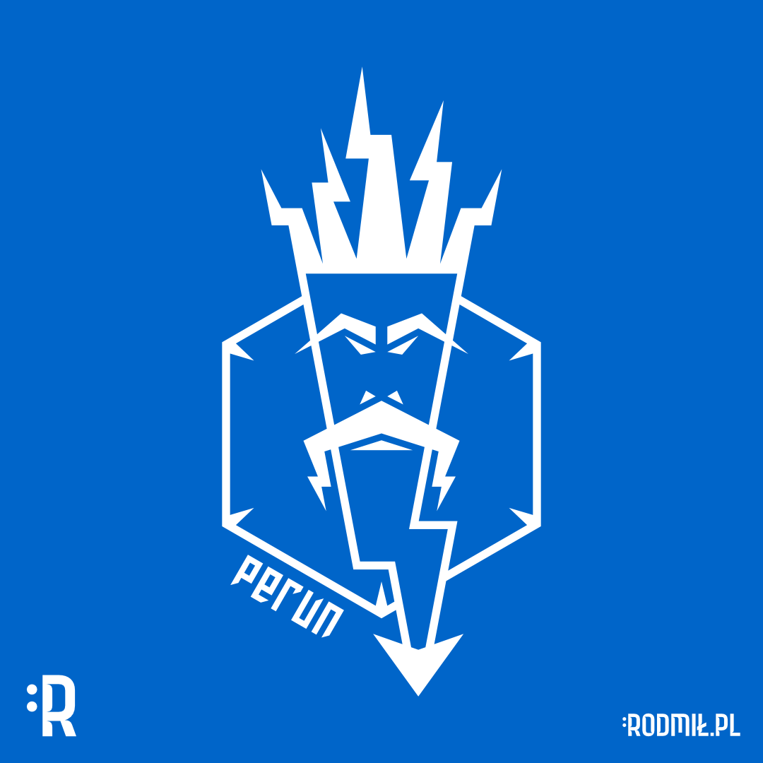 Projekt graficzny nadruku na koszulkę z twarzą słowiańskiego boga Peruna złożoną z białych piorunów na hektagonie na niebieskim tle i napisem PERUN.