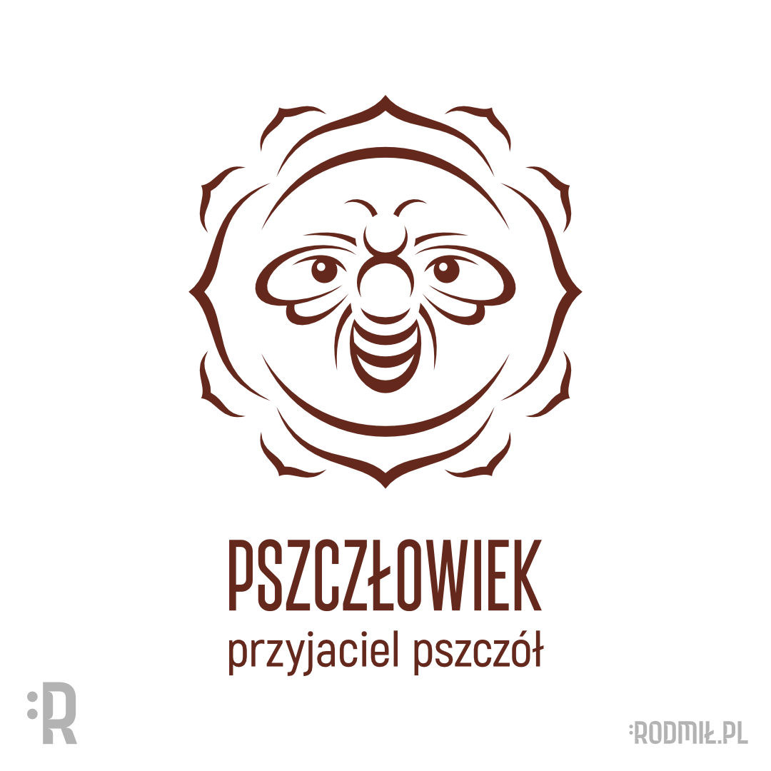 Projekt graficzny nadruku na koszulkę z brązową pszczołą na rozwartym kwiecie w formie czakry podstawy z oczami na skrzydłach i napisem PSZCZŁOWIEK PRZYJACIEL PSZCZÓŁ.