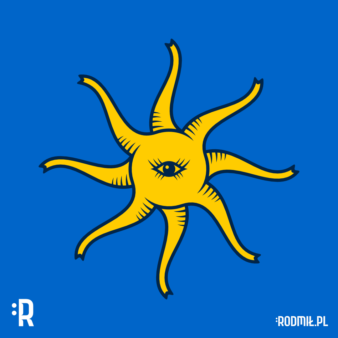 Projekt graficzny nadruku na koszulkę z żółtym Słońcem z okiem pośrodku na niebieskim tle, którego promienie są w kształcie słoniowych trąb.