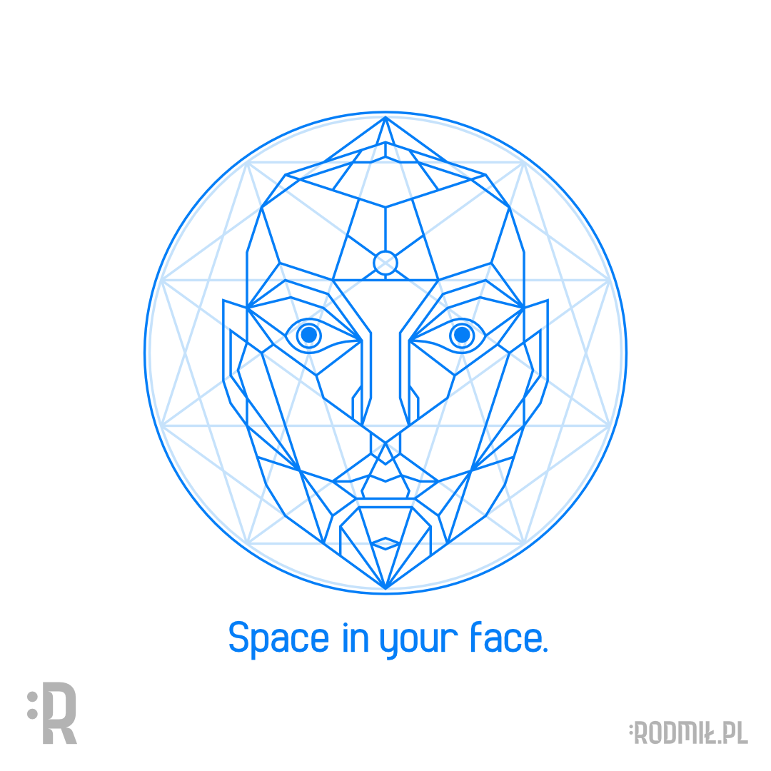 Projekt graficzny nadruku na koszulkę z minimalistyczną niebieską konturową męską twarzą rozrysowaną na kształcie pentagramów z napisem SPACE IN YOUR FACE. Święta Geometria.