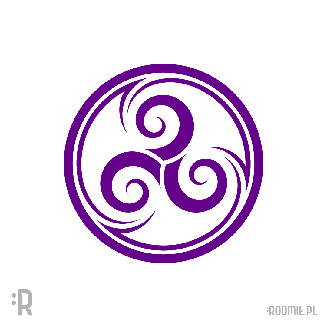 Projekt graficzny nadruku na koszulkę z fioletowym słowiańskim symbolem trzech wirów w kole Triskelion Trystyką.