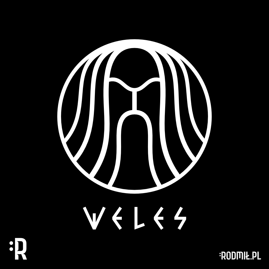 Projekt graficzny nadruku na koszulkę z minimalistyczną konturową twarzą słowiańskiego boga Wesela z siwymi włosami na czarnym tle.