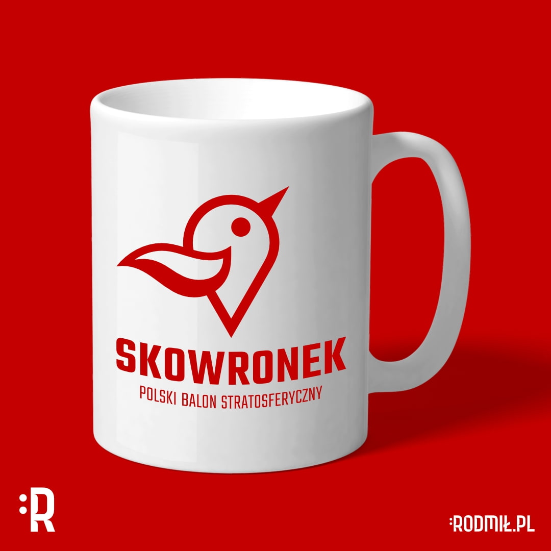 Projekt graficzny logo Skowronek - balonowego lotu stratosferycznego. Czerwony balon w kształcie ptaka na białym kubku.