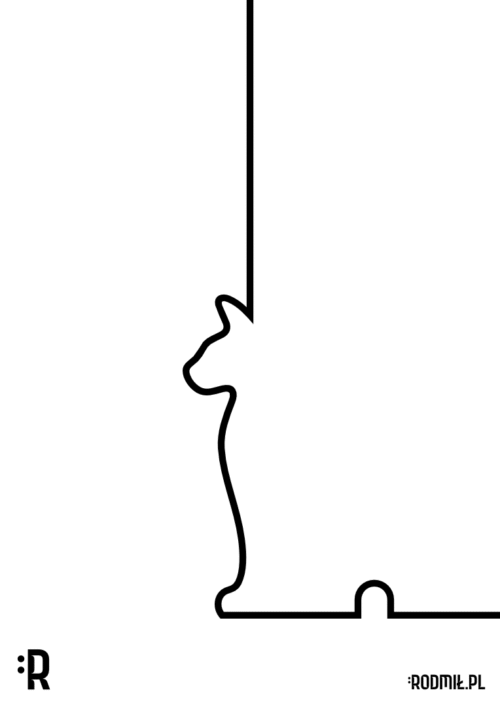Projekt graficzny plakatu MYŚLIWY. Minimalistyczny liniowy czarny kształt narożnika ściany ze zlewającym się z nim kształtem siedzącego kota, czatującego przy mysiej dziurze.
