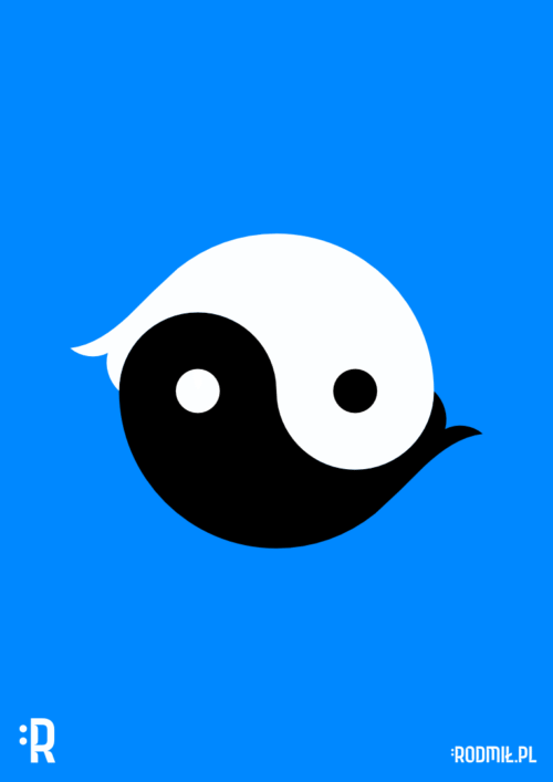 Projekt graficzny plakatu YIN YANG FISH. Czarno-biały symbol Taijitu na niebieskim tle, składający się z dwóch złączonych ze sobą kształtów ryb.