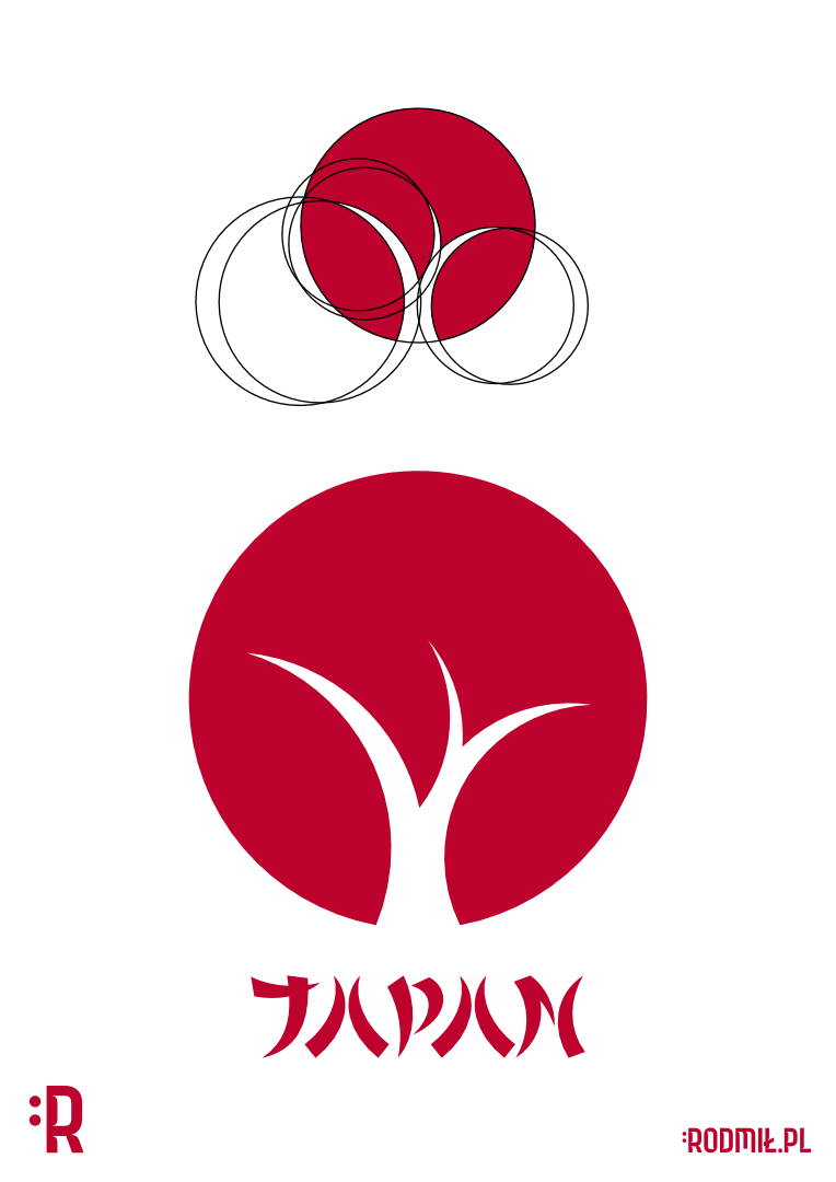 Rysunek geometryczny symbolu JAPAN - WIŚNIOWE DRZEWO oraz czerwone koło z flagi Japonii z białym pniem wewnątrz i zagiętymi gałęziami wiśniowego drzewa. Pod nim stylizowany na japońską kaligrafię napis JAPAN.