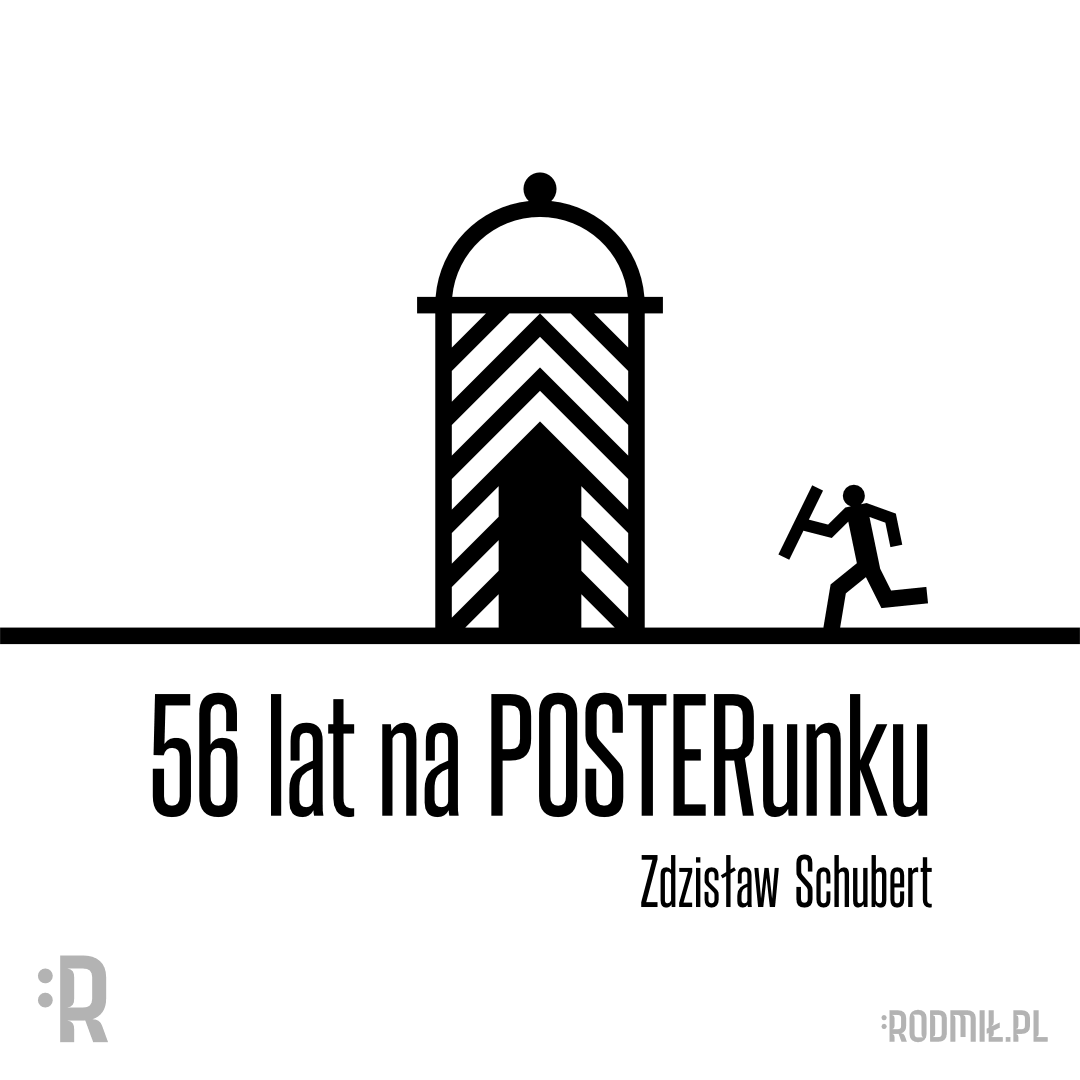Projekt graficzny słupa plakatowego w formie pasiastej budki strażnika i biegnącej do niej postaci Zdzisława Schuberta z napisem pod spodem "56 lat na posterunku".