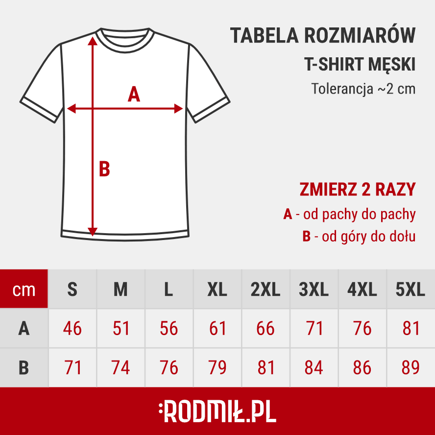 Tabela rozmiarów koszulka męska GILDAN 5000.