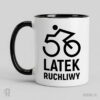 50-latek ruchliwy - kubek z nadrukiem na 50 urodziny Kubek biały z nadrukiem na 50 urodziny z postacią konturowego czarno-białego rowerzysty. 5 i 0 to koła roweru a pod nimi napis 50-LATEK RUCHLIWY.