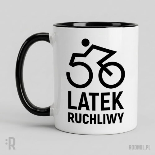 50-latek ruchliwy - kubek z nadrukiem na 50 urodziny Kubek biały z nadrukiem na 50 urodziny z postacią konturowego czarno-białego rowerzysty. 5 i 0 to koła roweru a pod nimi napis 50-LATEK RUCHLIWY.