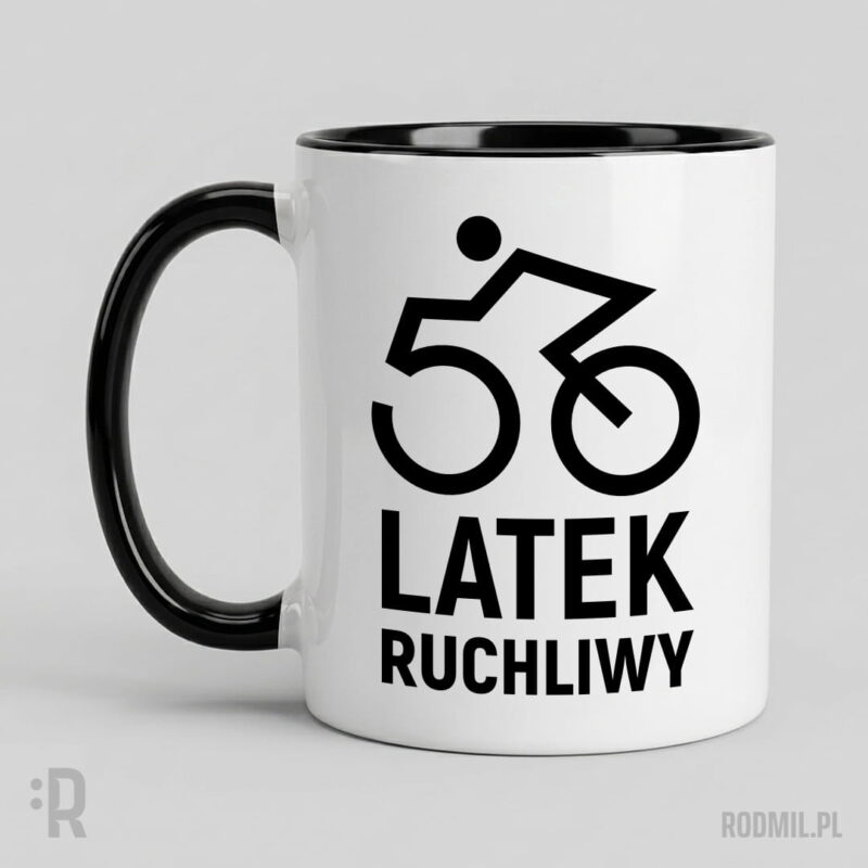 50-latek ruchliwy - kubek z nadrukiem na 50 urodziny Kubek biały z nadrukiem na 50 urodziny z postacią konturowego czarno-białego rowerzysty. 5 i 0 to koła roweru a pod nimi napis 50-LATEK RUCHLIWY.