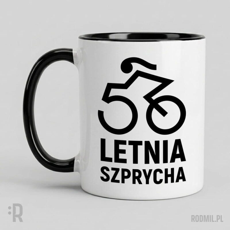 50-letnia szprycha - kubek z nadrukiem na 50 urodziny Kubek biały z nadrukiem na 50 urodziny z postacią konturowej czarno-białej rowerzystki. 5 i 0 to koła roweru a pod nimi napis 50-LETNIA SZPRYCHA.