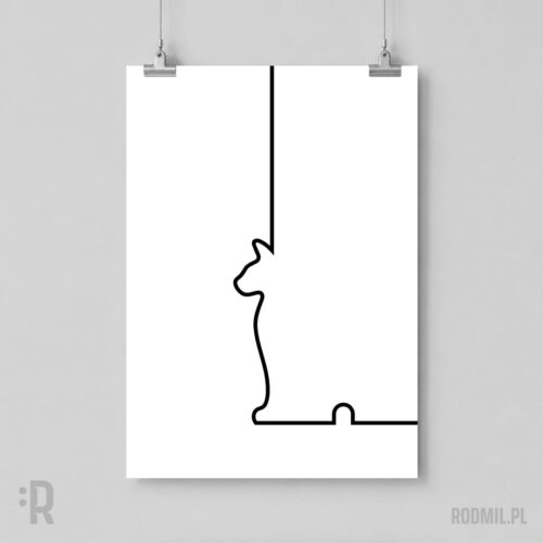 Myśliwy - plakat pionowy A1-A4 Biały plakat na tle szarej ściany, wiszący na linkach z minimalistycznym projektem liniowego, czarnego kształtu narożnika ściany ze zlewającym się z nim kształtem siedzącego kota, czatującego przy mysiej dziurze.