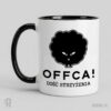 OFFCA! Dość strzyżenia! - kubek społeczny z nadrukiem Kubek biały z nadrukiem minimalistycznego projektu graficznego czarnej, nieostrzyżonej owcy z bardzo dużym futrem i napisem OFFCA! DOŚĆ STRZYŻENIA!
