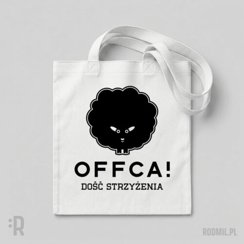 OFFCA! Dość strzyżenia! - torba społeczna z nadrukiem Torba biała z nadrukiem minimalistycznego projektu graficznego czarnej, nieostrzyżonej owcy z bardzo dużym futrem i napisem OFFCA! DOŚĆ STRZYŻENIA!