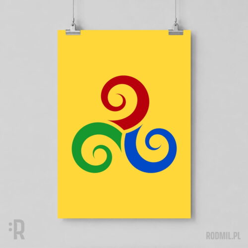 Prawia, Jawia, Nawia - Triskelion - plakat słowiański pionowy A1-A4 Żółty plakat na tle szarej ściany, wiszący na linkach z projektem graficznym słowiańskiego symbolu TRISKELION. Trzy spiralne wiry w kolorach: czerwonym, niebieskim i zielonym, ułożone w kole.